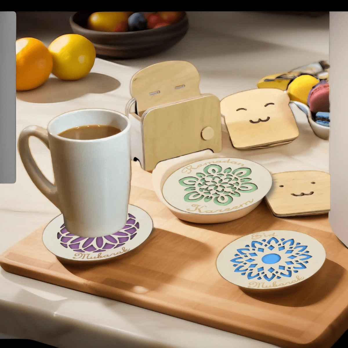 木制雕花双层茶杯和咖啡杯垫，家居装饰小雕像 - 彩色 - 查看 1