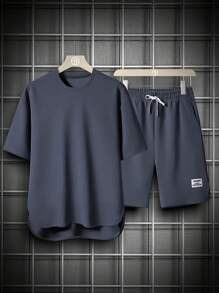2pcs/Set Men Casual Square Textured Simple Round Neck T-Shirt + Drawstring Shorts, Summer Outfit - Navy Blue - View 1