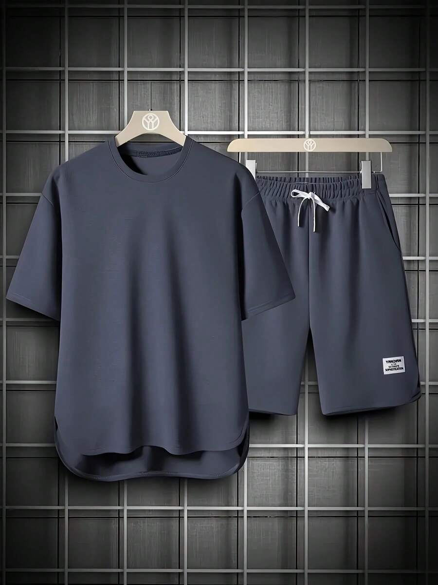 2pcs/Set Men Casual Square Textured Simple Round Neck T-Shirt + Drawstring Shorts, Summer Outfit - Navy Blue - View 1