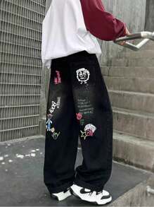 New Spring Autumn Black Cartoon Graffiti Mid-Teen Boy Jeans, Loose Teenager Boy Cowboy Wide-Leg Dad Pants - 黑色 - 查看 7