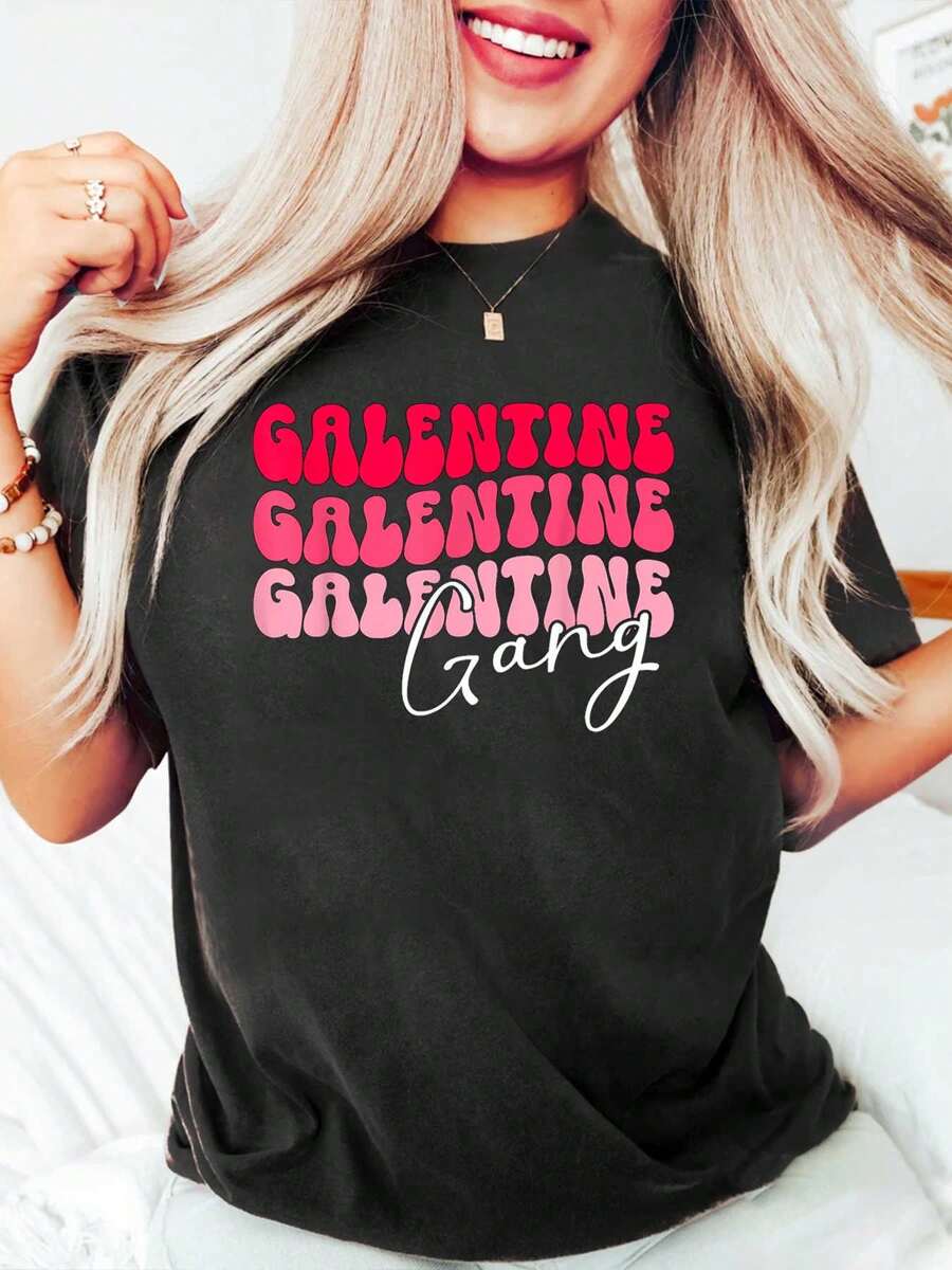 Funny Valentines Galentines Gang Galentines Day T-Shirt Women Graphic Print T Shirt, Casual Crew Neck Short Sleeve Top, Cotton Knit Fabric, Regular Fit, All-Season Wear - 黑色 - 查看 1
