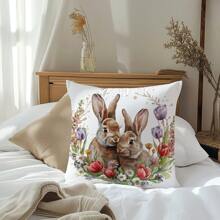 1 件简约可爱复古花卉兔子装饰枕套，柔软桃色天鹅绒面料，单面印花，45*45 厘米枕套，复活节礼物