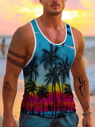 男士夏威夷风格热带海滩棕榈树和海鸥 3D 数码印花无袖背心健身度假 T 恤