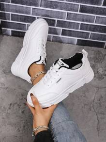 女士白色运动鞋，厚底休闲运动鞋，时尚厚底，防滑，皮革鞋面，学生鞋 - 白色 - 查看 2