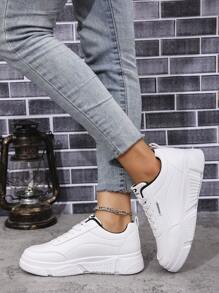 女士白色运动鞋，厚底休闲运动鞋，时尚厚底，防滑，皮革鞋面，学生鞋 - 白色 - 查看 5