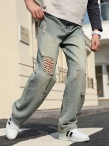 Jeans droits de printemps déchirés pour adolescents garçons, nouveaux pantalons longs décontractés délavés avec effet usé pour enfants