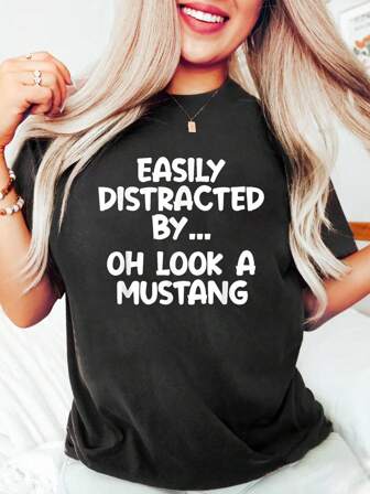 Funny Mustang Tshirt Horse Equine Joke T-Shirt Cotton Graphic Tee For Women, Round Neck Short Sleeve Casual Tops