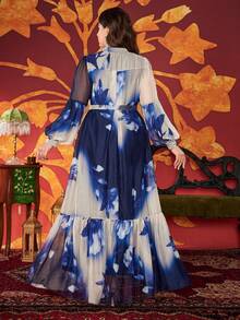 Plus Size Tie Neck Beaded Accent Front Petal Sleeve Tie Dye Elegant Long Dress (Random Cut)