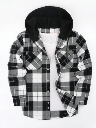 1pc Men's Hooded Plaid Button Turndown Collar Regular Fit Long Sleeve Shirt, Chest Double Pockets Casual Outdoor Shacket, Fall