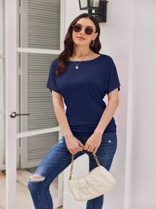 HIGHFINE Women's Classic Short-Sleeved Boat-Necked Side-Pleated Dolman Shawl Top - 藏蓝色 - 查看 5