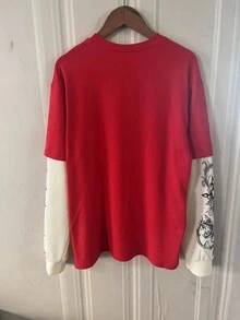 男士圆领长袖纯色拼接印花简约休闲上衣，日常穿着，春假休闲之选 - 紅色 - 查看 3