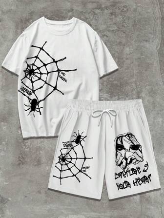 男士时尚图案印花圆领短袖和短裤 2 件/套