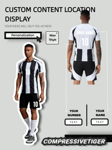 2pcs Personalized Soccer Jersey - Customizable Name And Number Print Short Sleeve T-Shirt + Shorts Co-Ord Quick-Drying Sweat-Absorbing Sports Set As Gift - Black and White - View 1