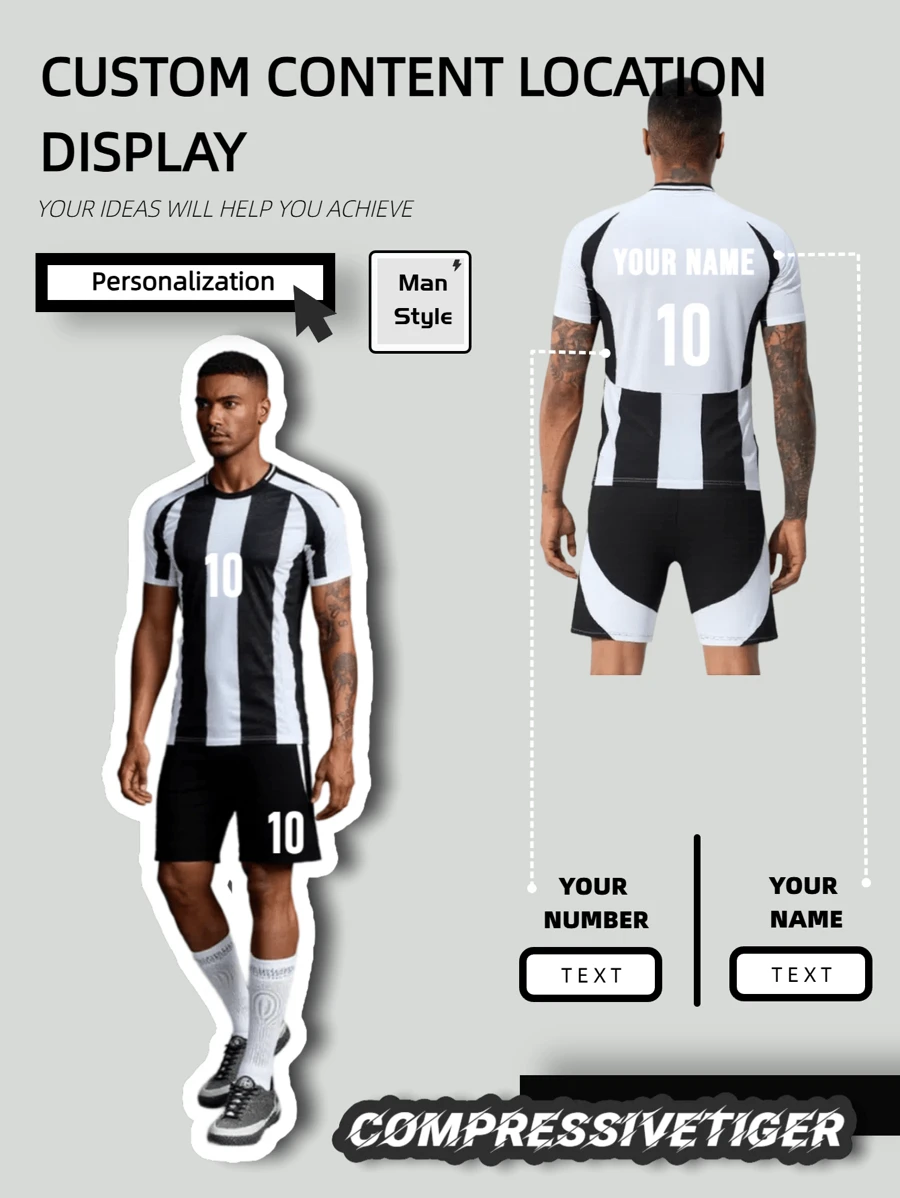 2pcs Personalized Soccer Jersey - Customizable Name And Number Print Short Sleeve T-Shirt + Shorts Co-Ord Quick-Drying Sweat-Absorbing Sports Set As Gift - Black and White - View 1