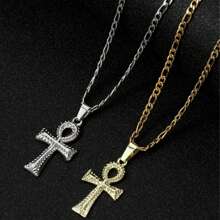 dollrinboy 1 pieza Colgante de collar de cruz Ankh de tono dorado y plateado de acero inoxidable de 14K para mujeres y hombres, con cadena Figaro plana de 3mm, collar de cruz egipcia