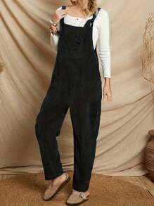 休闲灯芯绒纯色长款工装裤连体裤带口袋 - 黑色 - 查看 1