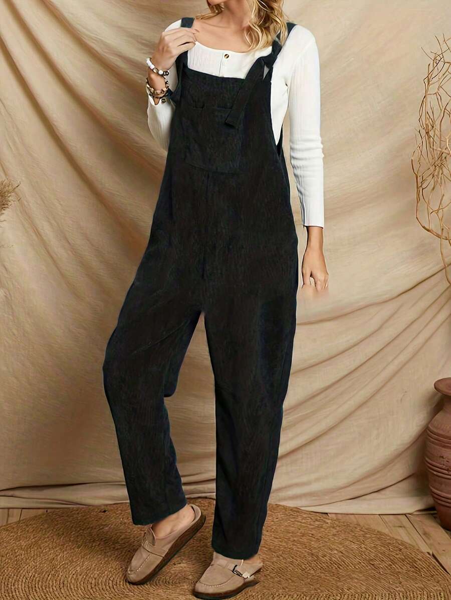 休闲灯芯绒纯色长款工装裤连体裤带口袋 - 黑色 - 查看 1