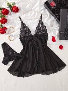Seducive Lace Sexy Lingerie Nightdress And Panties Pajamas Sets Erotic Sleepwear For Women - 黑色 - 查看 1
