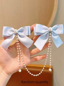 1pc Teen Girl Fashionable Cute Pearl Bow Pearl Tassel Hair Clip Accessories. Please Note That Slight Color Variation May Exist Due To Different Fabric Batches, And The Packaging Card And Actual Item Take Precedence. The Number Of Pearls Is Random. - Blue - View 4