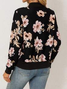 1pc Floral Print Lightweight Women Casual Bomber Jacket, Spring/Summer/Autumn, Fashion Baseball Jacket With Zipper, No Lining