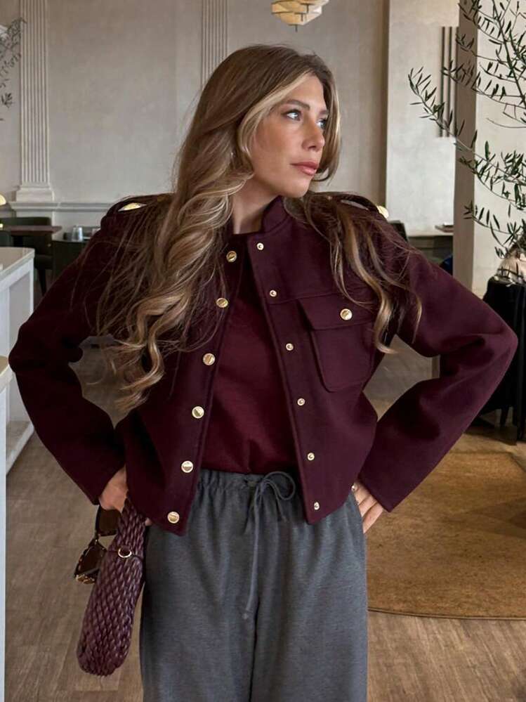 Jaqueta de Outono Feminina Vinho Tinto de Gola Redonda, Mangas Longas, Bolsos, Botões, Abotoamento Único, Casacos Casuais de Moda Feminina - Vinho - Visão 1
