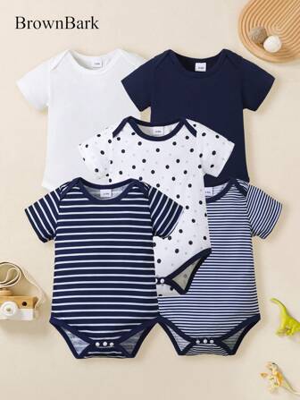 BrownBark 5pcs Baby Boys Newborn Casual Cute Infant Short Sleeve Bodysuit, Soft & Comfortable Baby Suitable For Indoor Casual Wear And Outdoor, Newborn Gift
