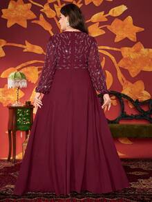 Plus Size V-Neck Solid Color Heavily Embellished With Rhinestones Elegant High Waisted Long Sleeve Dress - Burgundy - View 3