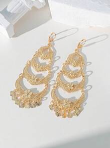 Herseygold 1 par de pendientes largos chapados en oro con luna creciente y flor, pendientes de lujo turcos nupciales con borla en forma de corazón, regalo de boda