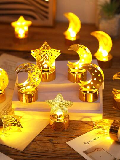 1/2/3个创意星月电子蜡烛灯，室内装饰星月夜灯，家居装饰铁艺星月蜡烛灯，房间装饰无焰蜡烛灯，斋月装饰蜡烛灯