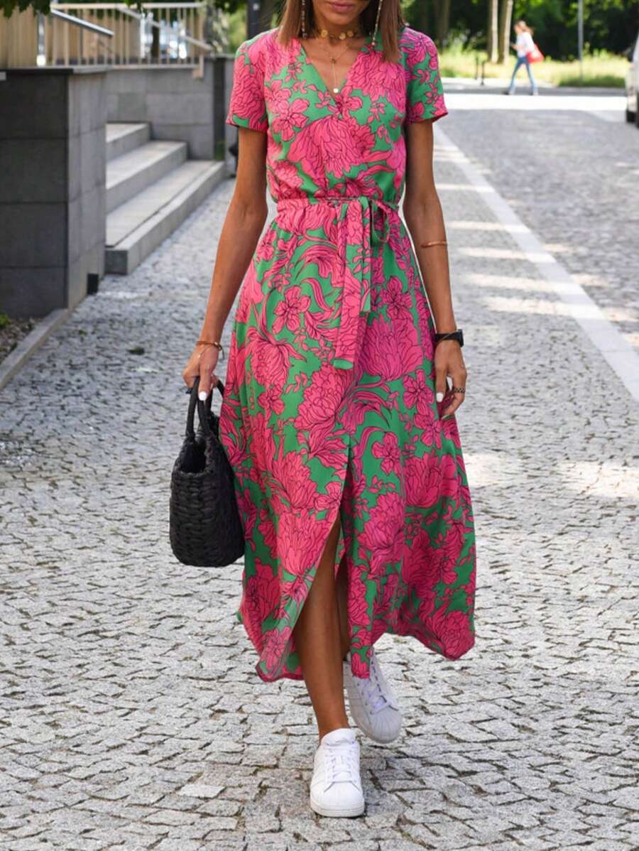Vestido informal para mujer con estampado floral, manga corta y nudo en la cintura