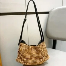 Juego de cartera y bolso de lujo de diseñador, embrague de noche con brillantes diamante de imitación, bolso de hombro minimalista con cadena - Dorado - Ver 9