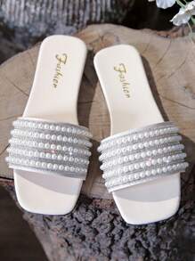 女士平底珍珠拖鞋，方头一脚蹬平跟沙滩凉鞋 - 白色 - 查看 5