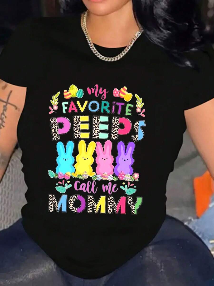 Women My Favorite Call Me Mommy Easter Pattern Shirt Cotton T-Shirt Soft Breathable Comfort-Fit Crew Neck Tee - màu đen - Xem 1