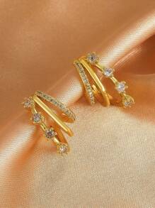 1pair Retro Geometric Copper Inlay Zirconia Asymmetric Earrings For Women - C-shaped Three-claw Earrings - View 7