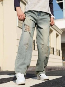 Jeans droits de printemps déchirés pour adolescents garçons, nouveaux pantalons longs décontractés délavés avec effet usé pour enfants