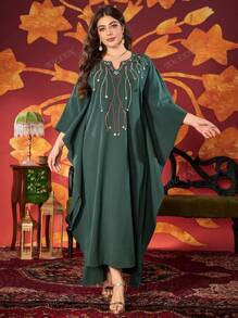 Plus Size Vrouwen V-hals Elegante Kralen Arabische Stijl Jurk