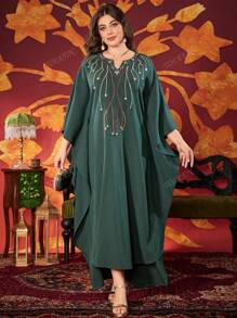 Plus Size Vrouwen V-hals Elegante Kralen Arabische Stijl Jurk