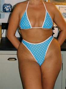 Women 2-Piece Swimsuits Floral/Dot Prints Backless Halter Bikini Bra And Briefs Sets For Summer Beachwear Bathing Suit - Blue - View 2