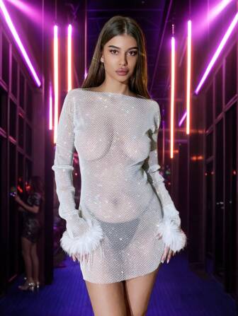 Gorgeous Women's Glitter Rhinestone Long Sleeve Sheer Skinny White Mini Sexy Dresses Club Party Valentine's Day Music Festival Rave Dress Summer Women Outfit