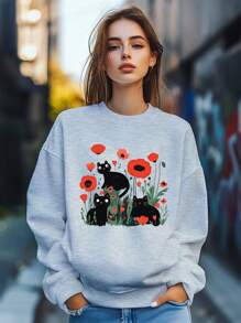 Women's Cat Retro Kawaii Cartoon Print Sweatshirt Pullover Fall Loose Fashion Long Sleeve Crew Neck Sweatshirt Casual Comfy Clothes