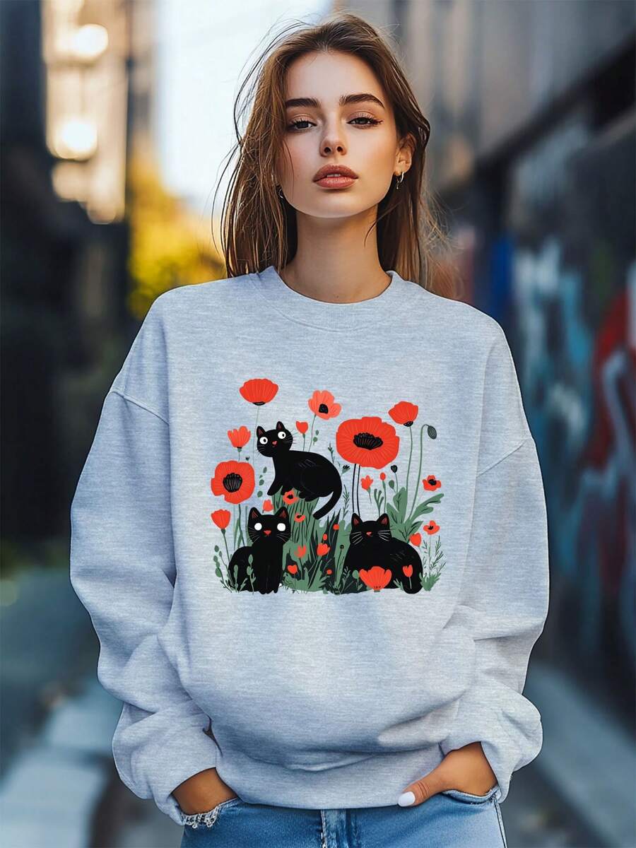 Women's Cat Retro Kawaii Cartoon Print Sweatshirt Pullover Fall Loose Fashion Long Sleeve Crew Neck Sweatshirt Casual Comfy Clothes