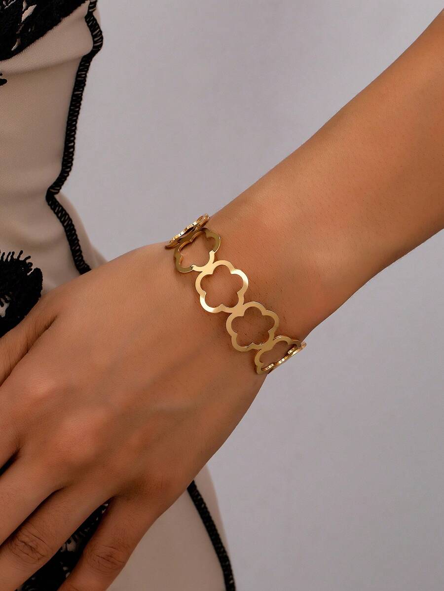 1 件简约金色金属镂空花朵和三叶草手链，百搭配饰，适合女性派对、聚会、晚装、礼物 - 金黃色 - 查看 1