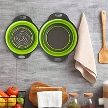Juego de 1/2 piezas Colador plegable de silicona, escurridor con mango ahorra espacio, cesta de drenaje plegable para frutas, verduras, pasta - Herramienta de cocina verde para un almacenamiento fácil