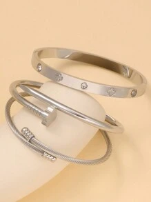 3 pièces Set de Bracelets Joncs Argent Brillant avec Ornements en Zircone Quatre Feuilles de Trèfle, Convient pour le Port Quotidien des Femmes