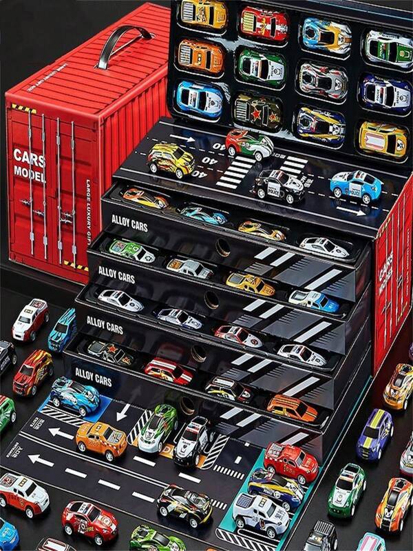 20 pièces/30 pièces/50 pièces Pack varié de voitures de course miniatures en alliage moulé sous pression pour enfants, ensemble de jeu de conteneur, jouets d'interaction pour garçons et filles, cadeau pour la rentrée scolaire et la remise des diplômes (styles et couleurs de voitures aléatoires, boîte de rangement et motifs d'autocollants aléatoires)
