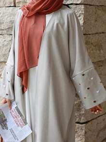 1pc Modest Women Abaya With Heart Embroidery, Solid Gray, Suitable For Spring & Autumn Daily Wear - Grey - View 6