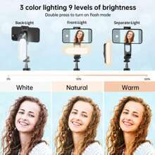 44" Extendable Phone Tripod With Selfie Stick, Fill Light, Wireless Bluetooth Remote, 600mAh Battery