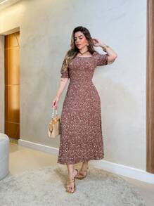 Women's Floral Pleated Summer Dress - 棕色 - 查看 4