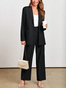 Women's Spring Two-Piece Work Suit Casual Loose Long Suit Jacket And Formal Wide Leg Pant Suit With Pockets - 黑色 - 查看 3