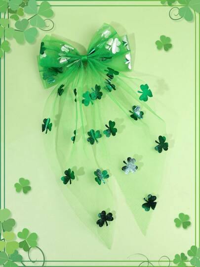 1 pieza Gran lazo para el cabello con diseño de trébol y patrón de hoja de trébol, adorno de malla con pinza de cocodrilo y cola larga, elegante y festivo, accesorio para el cabello para fiestas del Día de San Patricio, decoración del cabello, regalo, accesorios para el cabello de mujer para el Día de la Parada Irlandesa